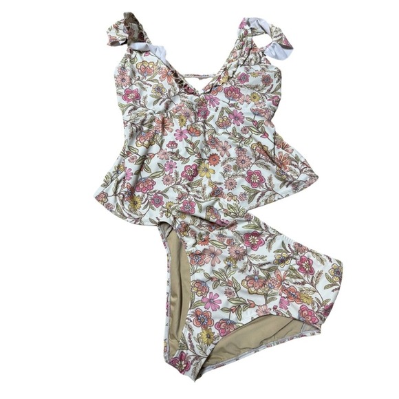 Old Navy Boho Fairy Earth Tone Floral Tankini Set Top XL Bottoms Large High Rise - Picture 2 of 7